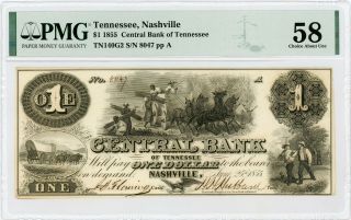 1855 $1 The Central Bank - Nashville,  Tennessee Note W/ Slaves Pmg Ch.  Au 58