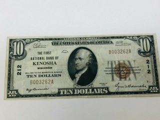 1929 Wisconsin National Currency $10 Ten Dollar Note 1st Nb Kenosha Wi