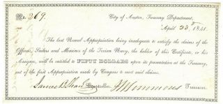 Texas,  Republic Of,  Austin,  Cr.  - Aw04 " Naval " Warrant $50 Apr 23,  1841 Ef,