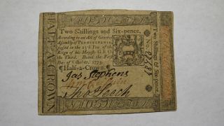 1773 Two Shillings Six Pence Pennsylvania Pa Colonial Currency Note Bill 2s6d Vf