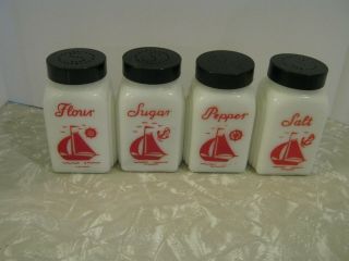 Vintage Mckee Milk Glass Sailboat Roman Arch Salt,  Pepper,  Flour,  Sugar Shakers