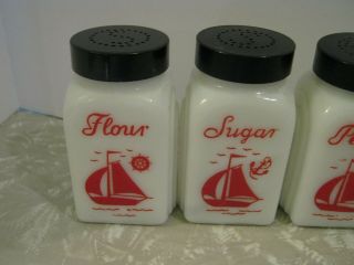 Vintage McKee Milk Glass Sailboat Roman Arch Salt,  Pepper,  Flour,  Sugar Shakers 2