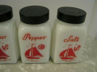 Vintage McKee Milk Glass Sailboat Roman Arch Salt,  Pepper,  Flour,  Sugar Shakers 3