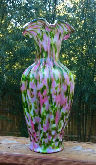 Fenton Art Glass Vase Murrhina Rose Pink Adventurine Green 11 1/2” Ruffled Vase