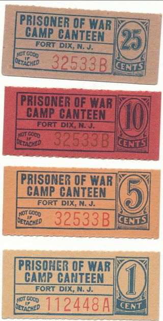 Usa Wwii Pow Camp Chits Nj - 7 - 1 - 1 - 25 Tt.  Dix Nj 1,  5,  10,  25 Cent Prisoner Of War