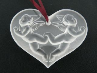 Signed Lalique France Crystal Heart With Cherub Angels 1996 Christmas Ornament