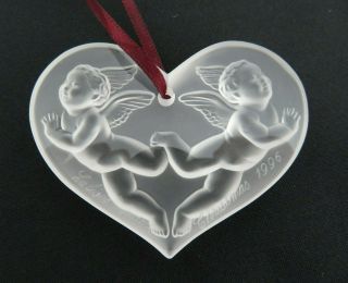 Signed Lalique France Crystal Heart with Cherub Angels 1996 Christmas Ornament 3