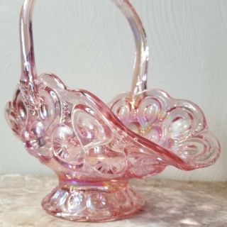 Basket - Moon & Star Pattern - Pink Carnival Glass - LE Smith Glass USA 3