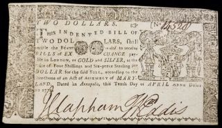 1774 $2 Two Dollars Maryland Colonial Currency Note Bill April 10,  1774 Md - 67 Au