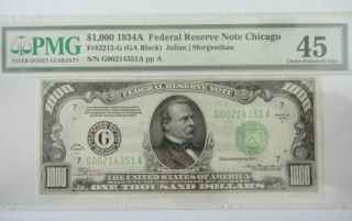 1934a Chicago $1000 One Thousand Dollar Bill Fr.  2212 - G Serial G00214351a