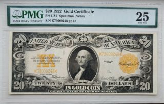 1922 $20 Gold Certificate Large Size Note Speelman/white | Pmg Vf25 ☆superb☆