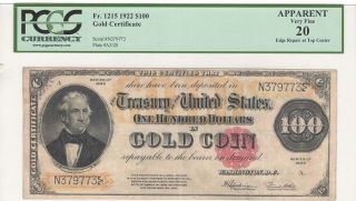 Fr.  1215,  $100.  00,  1922 " Scarce ",  Gold Certificate,  Pcgs 20 Apparent Very Fine