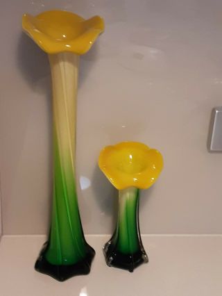 Green And Yellow Art Glass Trumpet Vases