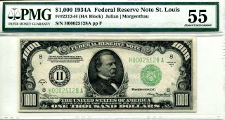 1934a $1000 One Thousand Dollar Bill Frn St Louis Pmg 55 About Uncirculated
