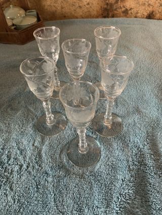 Set Of 6 Miniature Etched Crystal Brandy/wine Cordials/champagne Glasses