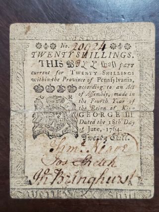 Colonial Currency Jun 18,  1764 Pennsylvania 20s Printed By B.  Franklin