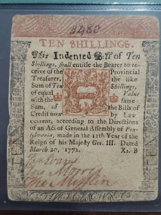 Colonial Currency Mar 20,  1771 Pennsylvania 10s Signed By Thomas Mifflin Pmg 20