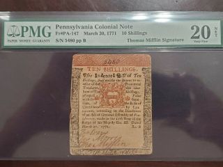 Colonial Currency Mar 20,  1771 Pennsylvania 10s signed by Thomas Mifflin PMG 20 3