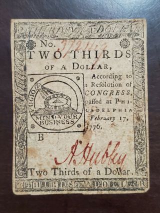 Colonial Currency Feb 17,  1776 Philadelphia Fugio $2/3 Signed By Adam Hubley