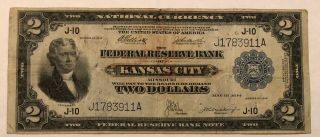 1918 F $2 Federal Reserve Bank Kansas City J - 10.  Pinholes.  Fr775 J1783911a Udd