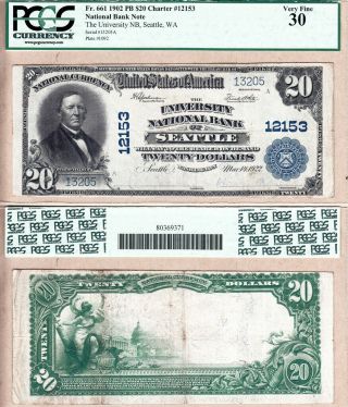 1902 $20 Pb University National Bank Of Seattle,  Wa Fr.  661 Ch 12153.  Pcgs Vf30