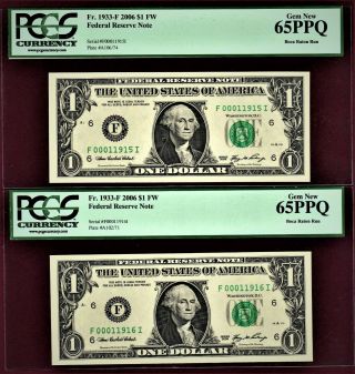 (2) 2006 $1 Federal Reserve Note Pcgs Gem 65ppq Low Serial Boca Raton Run