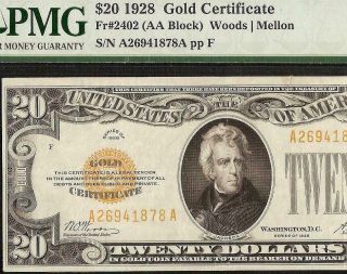 1928 $20 Dollar Gold Certificate Coin Note Currency Old Paper Money Fr 2402 Pmg