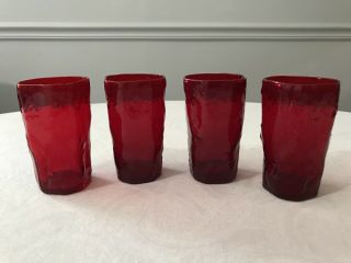 Blenko Ruby Red Crackle Glass Dimple Pinched Tumblers 4 Inches Tall Set Of 4