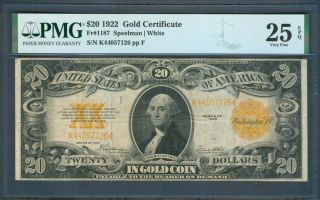 $20 Gold Certificate Series 1922,  Pmg Very Fine 25 Epq