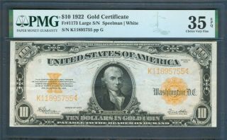 $10 Gold Certificate Series 1922,  Pmg Choice Very Fine 35 Epq