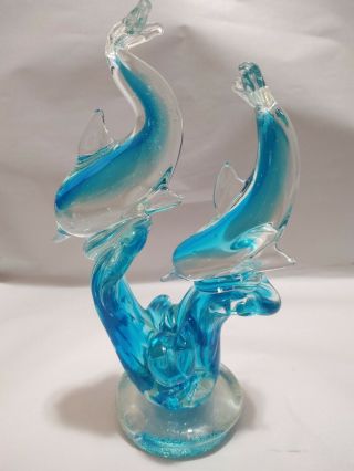 2 Blue Hand Blown Glass Dolphins Riding The Waves 8.  25 " Tall