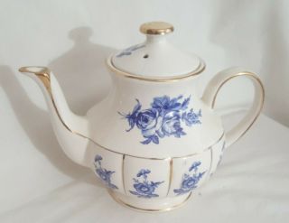 Vintage Fine Hand Painted Winton England Porcelain Teapot Gold Gilt Blue Roses