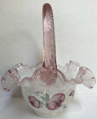 Fenton White Opalescent Optic Ruffle Basket W Pink Flowers & Pink Handle,  Signed