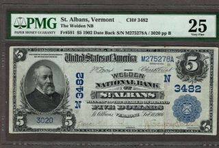 1902 $5 Date Back,  Welden Nb Of St.  Albans,  Vt,  Pmg 25,  Unique