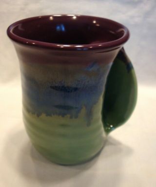 Neher Pottery Hand Warmer Mug Cup Green Maroon Blue Signed 2017