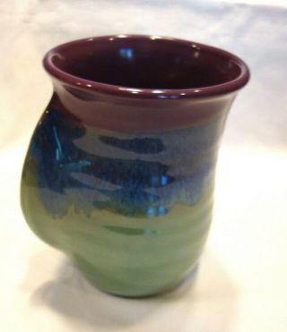 Neher Pottery Hand Warmer Mug cup green maroon blue signed 2017 2
