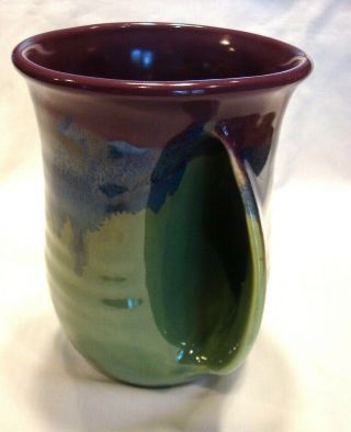 Neher Pottery Hand Warmer Mug cup green maroon blue signed 2017 3