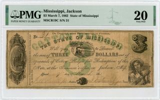 1862 Cr.  19c $3 The State Of Mississippi " Cotton Pledged " Note - Pmg Graded Vf 20