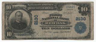 1902 Pb $10 Red Oak Iowa National Bank Note Currency Circ Very Fine Vf (445)