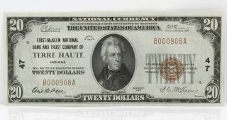 1929 Us $20 Ch 47 Terre Haute Indiana National Bank Note Nr 8468 - 8