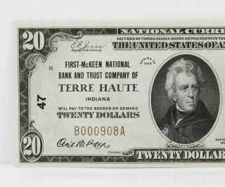 1929 US $20 CH 47 TERRE HAUTE INDIANA NATIONAL BANK NOTE NR 8468 - 8 3