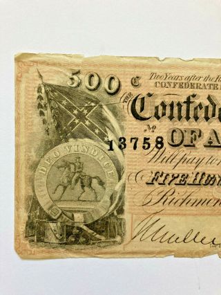 Old Civil War Confederate 500 dollar bill - February 17 1864 2