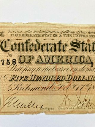 Old Civil War Confederate 500 dollar bill - February 17 1864 3