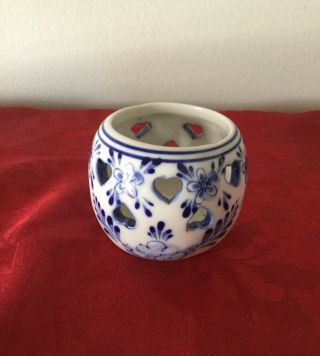 Vintage Delft Ceramic Votive,  Blue White Flower Windmill Floral Design