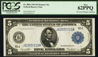 Fr.  883a $5 1914 Federal Reserve Note Pcgs 62ppq.