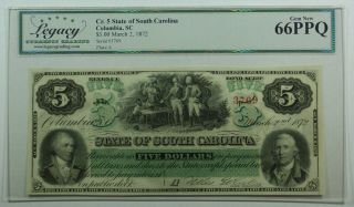 1872 Columbia South Carolina $5 Note Old Currency Banknote Legacy 66 Ppq