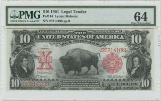 1901 $10 Legal Tender Fr 114 Bison Pmg Ms64 Ch Unc