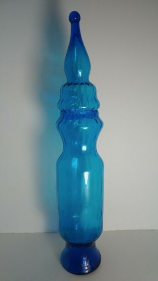 Tall Blue Empoli Italian Art Glass Apothecary Jar Circus Tent Top Lid 22.  5 "