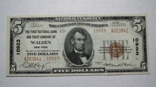 $5 1929 Walden York Ny National Currency Bank Note Bill 10923 Uncirculated,