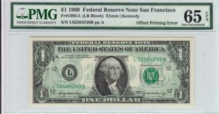 Error Note 1969 $1 Pmg 65 Gem Uncirculated Epq Offset Printing Back To Front